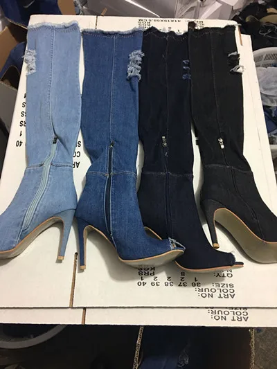 JINJOE/высокие эластичные джинсовые ботфорты выше колена; женская обувь до бедра на высоком каблуке; рваные джинсы с потертостями; обувь с открытым носком на каблуке