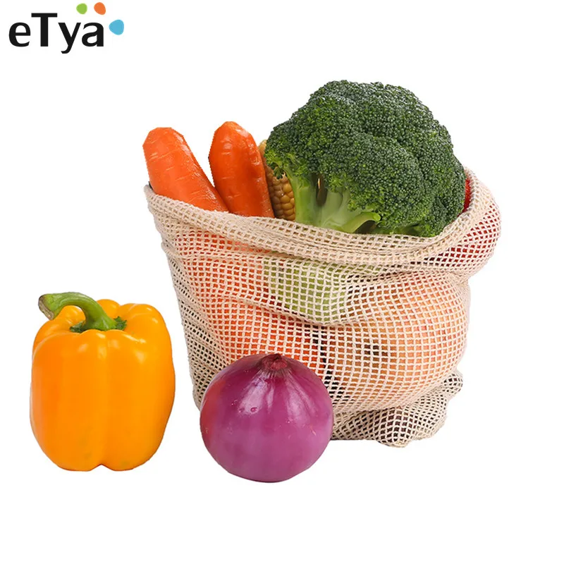 

eTya 1PCS Reusable Eco Shopping Bag Women Men Drawstring Cotton Mesh Fruit Vegetable Tote Bags Shopper Grocery Bag Pouch