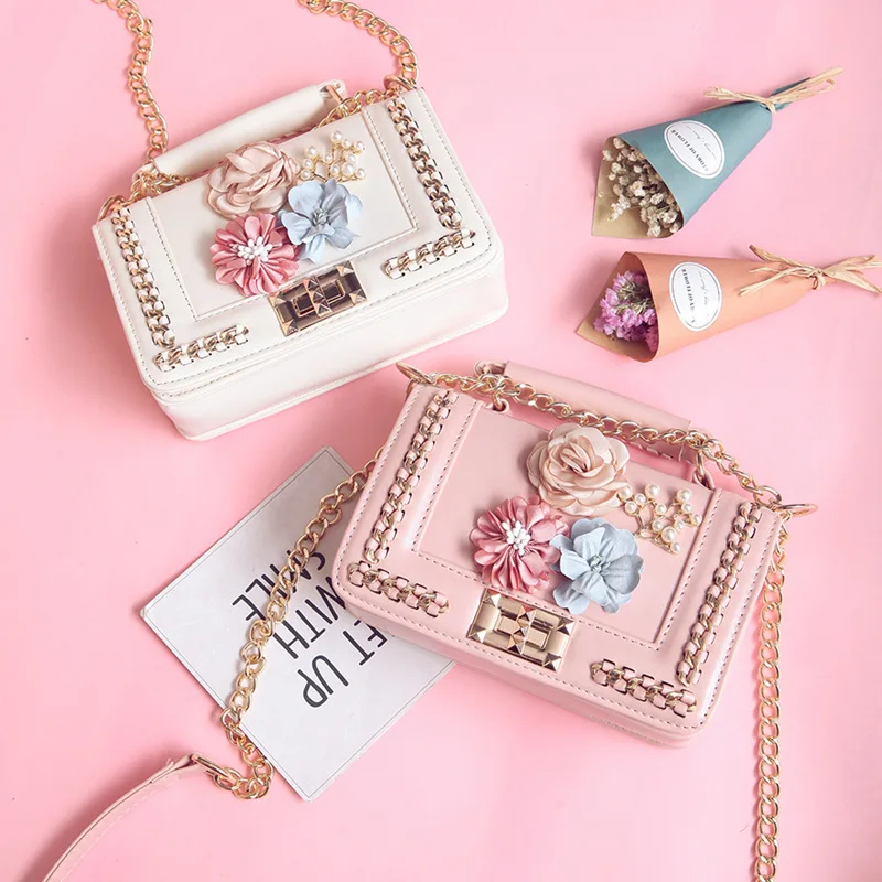 

Women's 2019 Korean woven chain handbag Chaoxia New style Colour Flower Pearl small Square bag single shoulder satchel bag