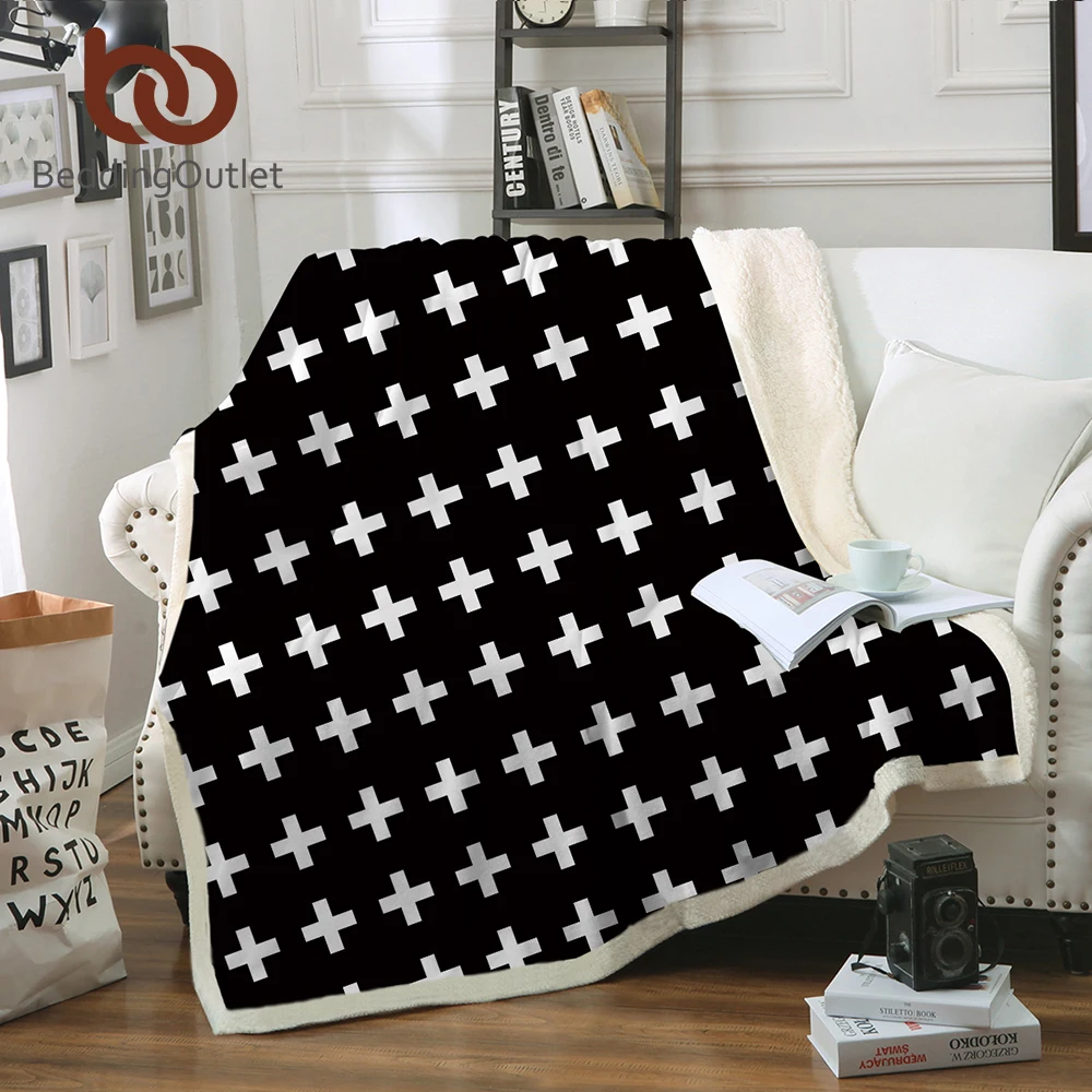 BeddingOutlet Mikrofaser Samt Seidig Weich Sherpa Reversible Decke Moderne Weiß Kreuz Muster Alle Saison Decke Für Bett Couch Billig