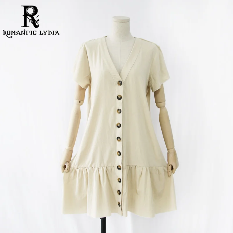 

Summer Vintage Linen Dress Coton Button Apricot V Neck Casual Ruffle Short Mini Dress