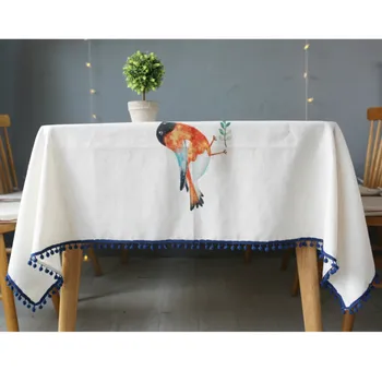 

DUNXDECO Tablecloth Garden Party Table Cover Fabric Nordic Flora Birds Print Linen Cotton Mesa Coffee Store Room Decoration