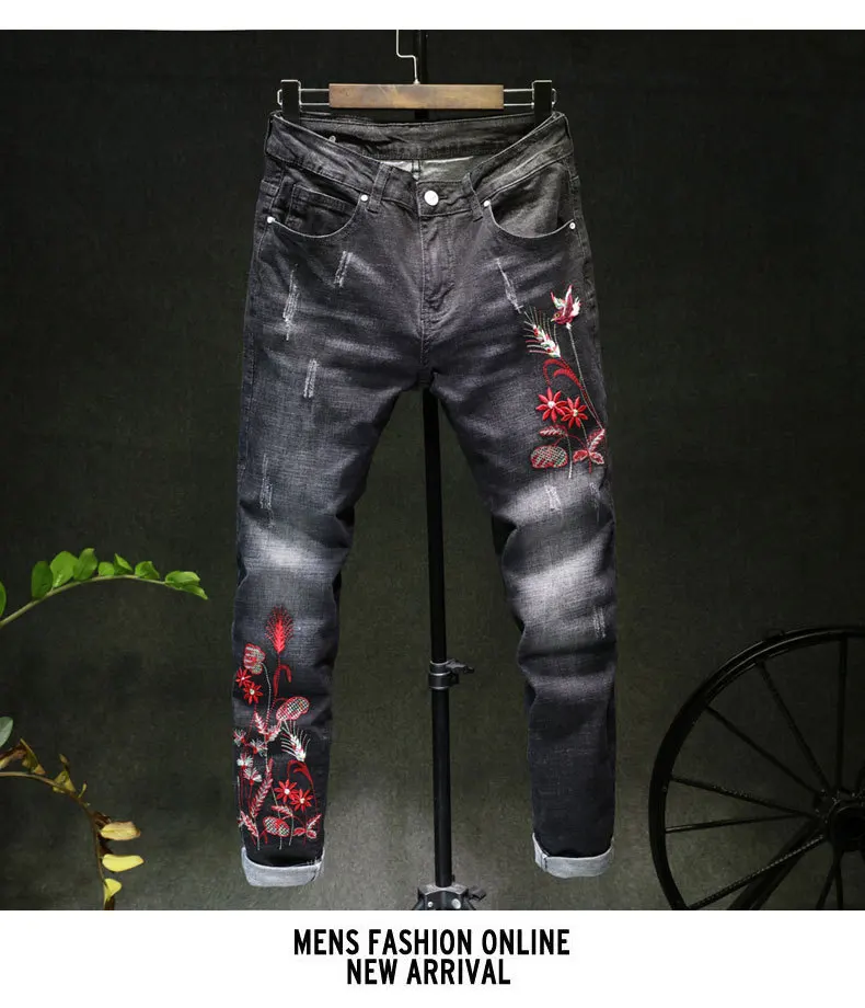 Новые осенне-зимние черные рваные хлопковые джинсы тонкие прямые брюки с вышивкой для сына