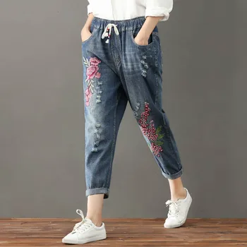 

Plus Size Women Jeans Autumn Harem Pants Embroidery Floral Elastic Waist Oversize Vintage Trousers New Ripped Jeans 3XL LP173