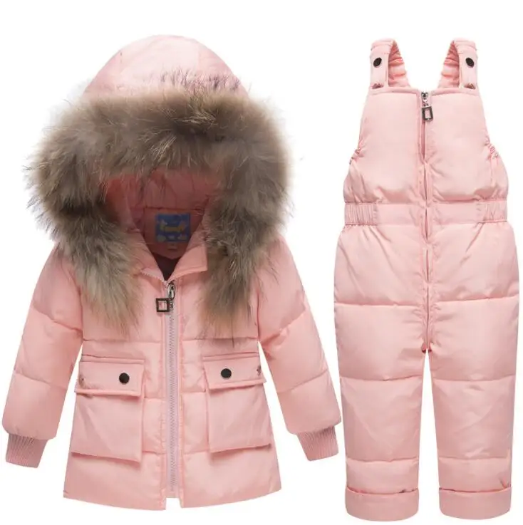Розовый Winter Kids Clothes girls boys down coat hooded kids warm snowsuit outerwear+ romper clothing set kids winter jackets - Цвет: Розовый