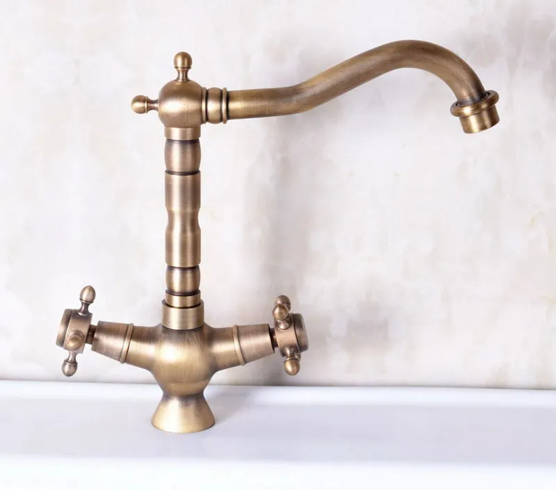 Vintage Retro Antique Brass Double Cross Handles Swivel Spout Kitchen Sink Bathroom Vessel Basin Faucet Mixer Tap anf247