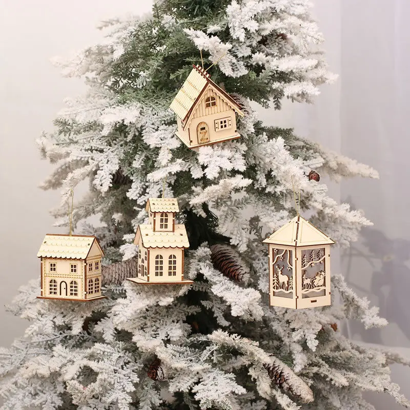Милый деревянный дом теплый белый светильник светодиодный Рождественская елка настенный деревянный церковный деревенский сцена предварительно освещенный светодиодный подвесные домики с подсветкой