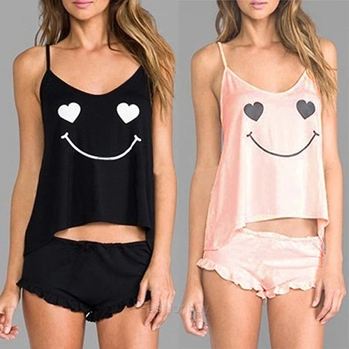 Женщин Сексуальное Одеяние Пижамы Белье Жилет Топ + Шорты Улыбающееся Лицо
