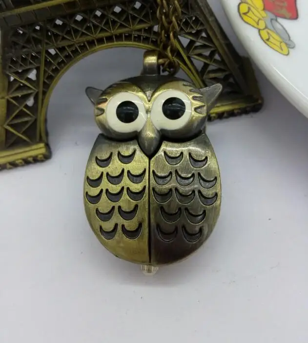 Bronze Night Owl Necklace Pendant Quartz Steampunk Pocket Watch Chain for Men Women PMO52