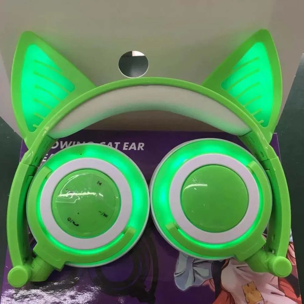 Зеленый Беспроводные наушники с кошачьими ушками, bluetooth-наушники, мигающая светящаяся гарнитура, светодиодный светильник для ПК, ноутбука, наушники для взрослых и детей, подарок - Цвет: Зеленый