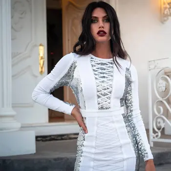 

Bandage Dresses Long Sleeve Autumn Winter Elegant Celebrity Fashion Evening Party White Dress Sexy Women