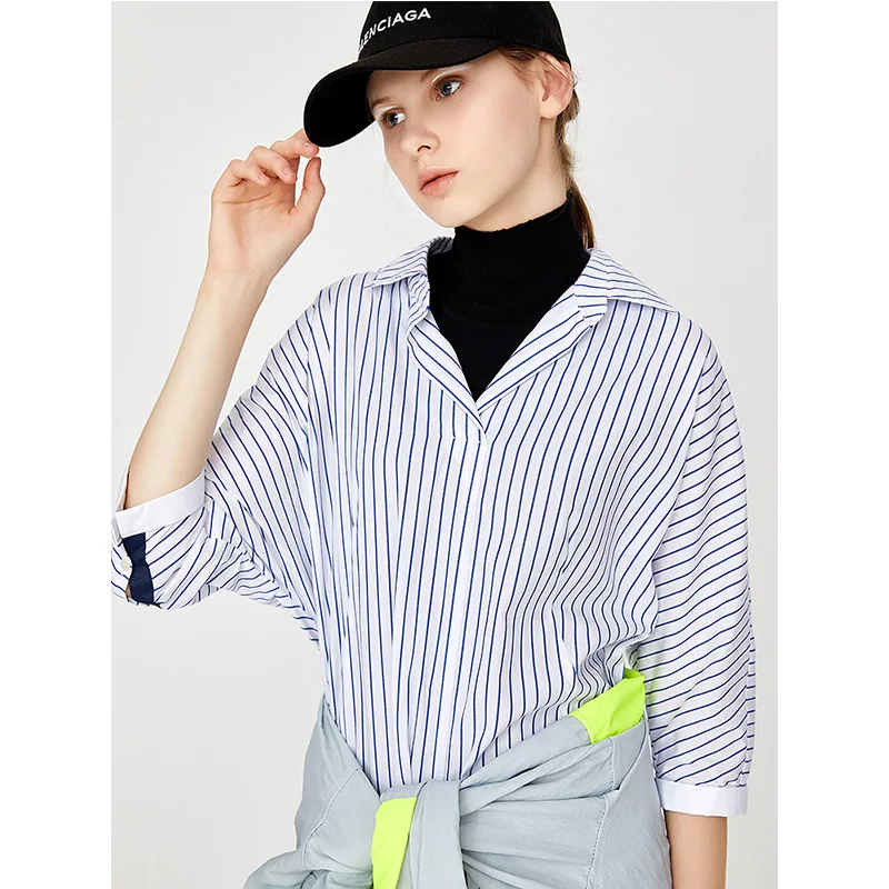 Kopen Toyouth Herfst Gestreepte Shirts Ol Stijl Drie Kwart Batwing Mouwen Vrouwen Blouses En Shirt Onregelmatige Hem Blusas Mujer 2019