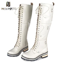 Prova Perfetto, белые рыцарские сапоги в британском стиле, натуральная кожа, темпераментные сапоги до колена, зимние плюшевые сапоги на толстой подошве