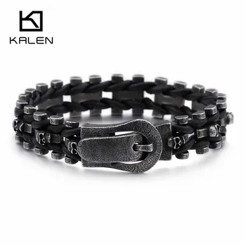 

KALEN Punk Multiple Skull Heads Charm Bracelets For Men Leather & Stainless Steel Brushed Matte Bike Chain Bracelets Jewelry