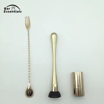 

3-Piece Gold Plated Cocktail Muddler Stainless Steel Bar Mixing Spoon Double Jigger Barware Mojito Cocktail DIY
