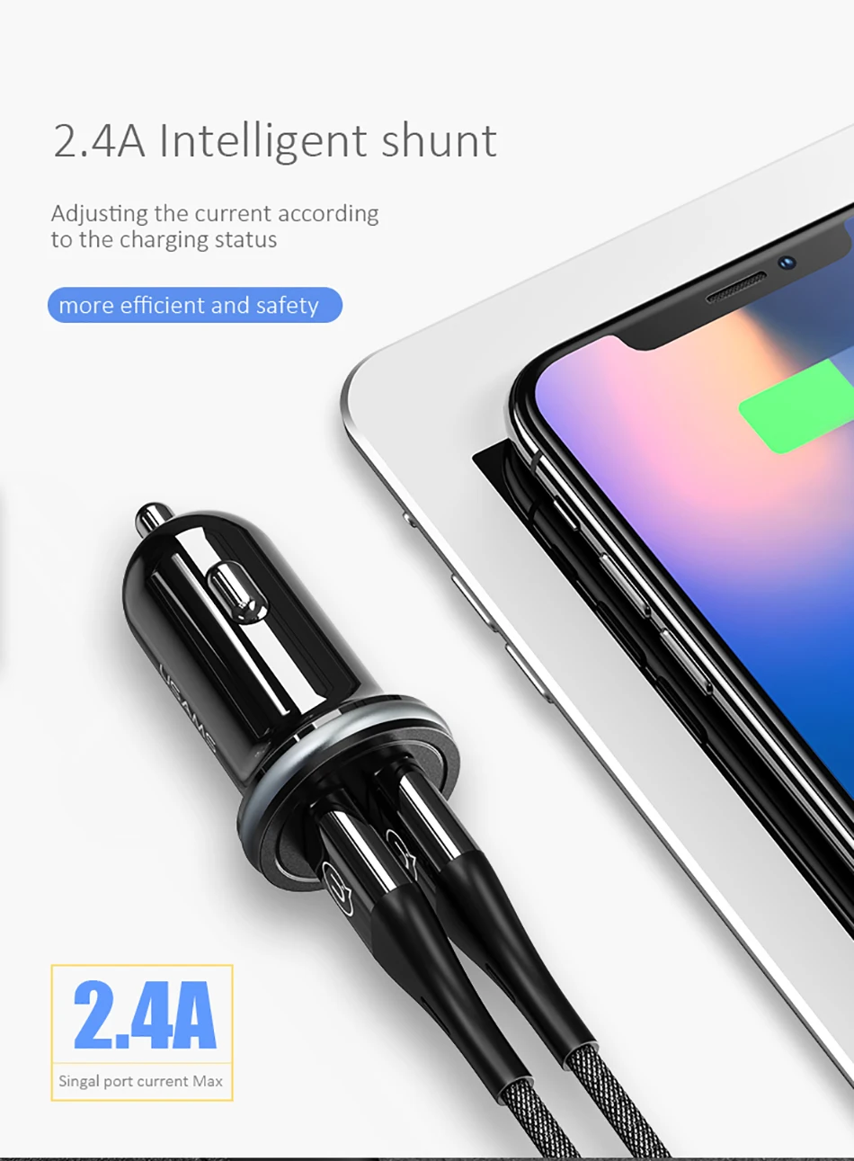 Автомобильное зарядное устройство с двумя USB, USAMS 5 В/2,4 А, зарядное устройство для мобильного телефона для iPhone X, samsung, s9, s8, Xiaomi, Мини USB адаптер, автомобильное зарядное устройство для телефона
