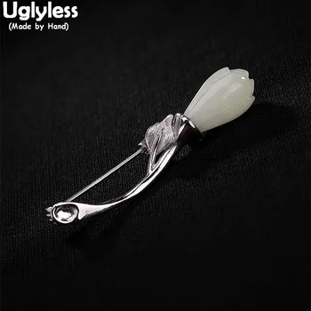 

Uglyless 100% Real 925 Sterling Silver Natural Jade Magnolia Flower Brooches for Women Handmade Floral Pins Dual Use Pendants