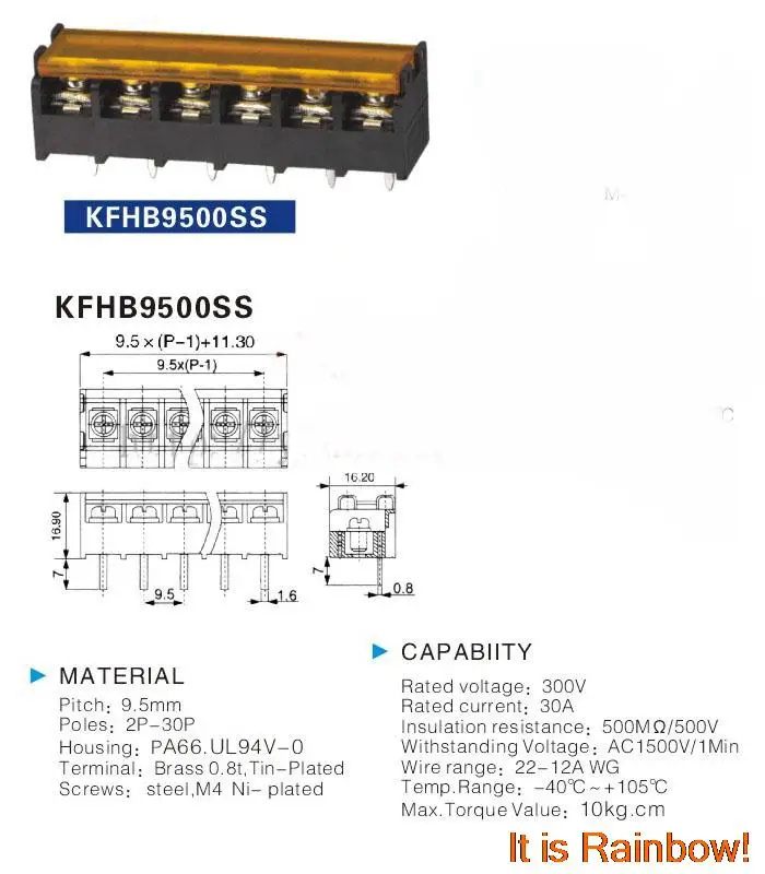 50x клеммный блок Крышка разъема 9.5 мм HB9500-4 Шпильки