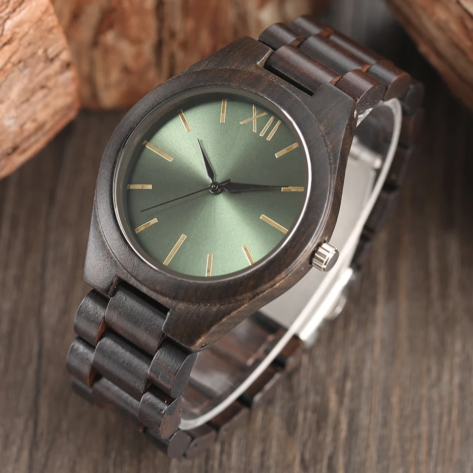 Ebony Full Wooden Watches Creative Light Green Dial Natural Wood Quartz Wrist Watch Mens Bangle Gifts Clock 2017 Reloj de madera 2017 (2)