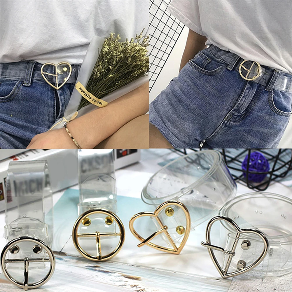 

1Pc Casual Solid Belt Heart-Shape Round-Shaped Metal Female Belt Resin Transparent One Size Gold Heart Adjustable Womens Belt
