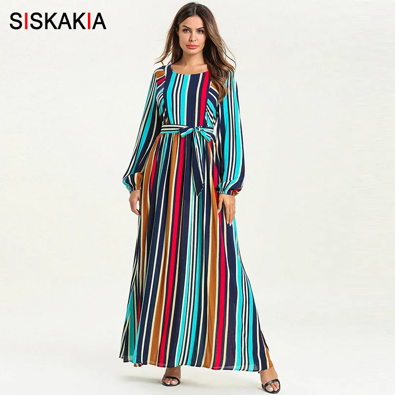 

Siskakia Elegant Stripe Patchwork Long Dress For Women Round Neck Long Sleeve Maxi Dresses Slim Sashes Muslim Clothing Eid 2019