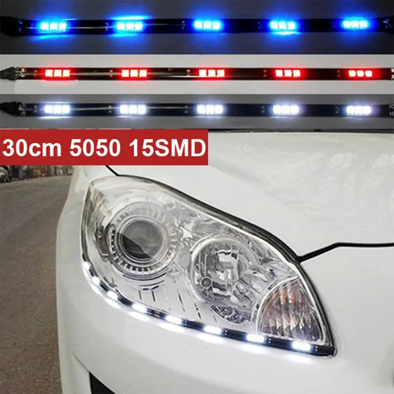Newest 2pcs x 30cm 5050 15 smd DRL parking light led Car Styling Flexible LED Daytime Running Lights waterproof white blue red