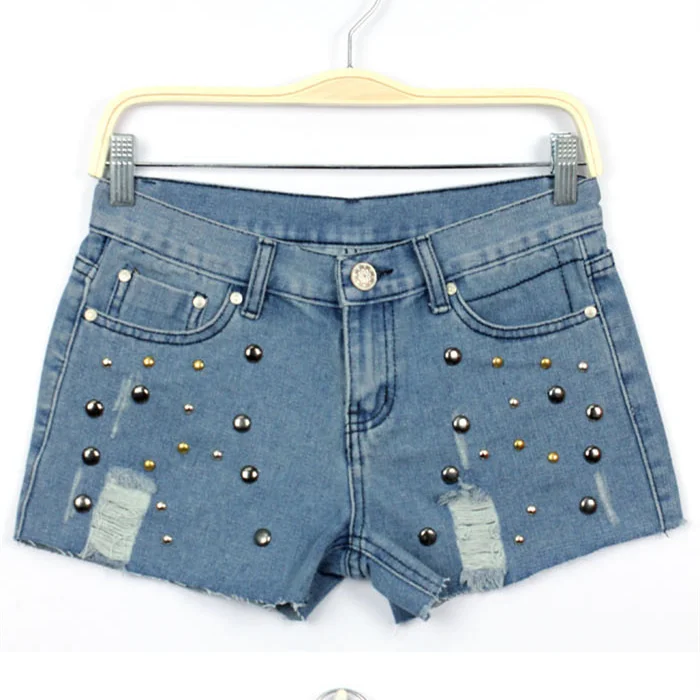 Женские рваные джинсы летние модные повседневные потертые джинсовые шорты с блестками Короткие джинсы feminino B103 - Цвет: Небесно-голубой