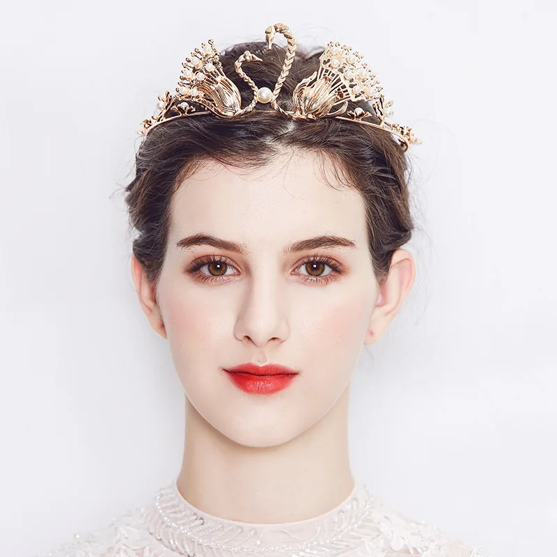 Coroa de ouro 1 peça, para cabelo de noiva, joia de cisne, pérola, design, tiara, princesa