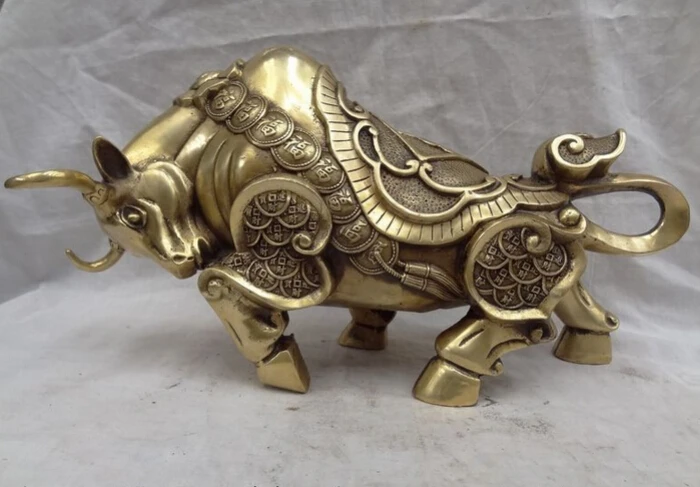 

S2941 14" China Zodiac Year Brass Statue Wealth Coin YuanBao RuYi Fu Bull Ox Sculpture D0318