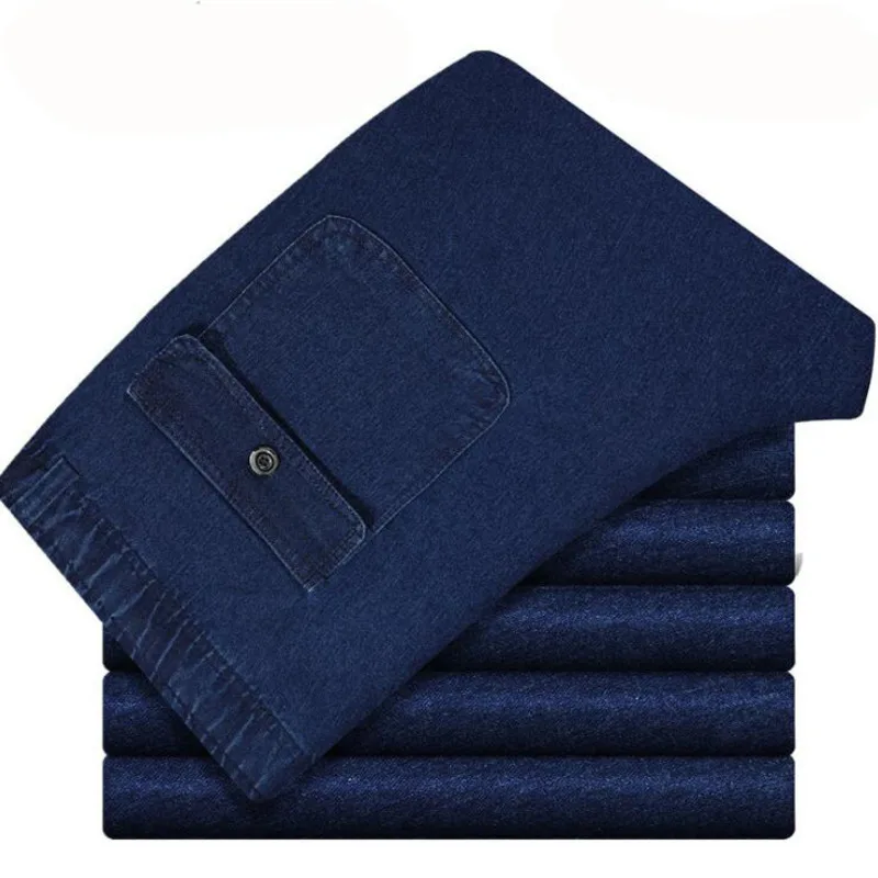 1417 весенние Формальные Прямые джинсы мужские модные маленькие карманы эластичный пояс папа джинсы для людей среднего возраста свободный эластичный пояс синий деним