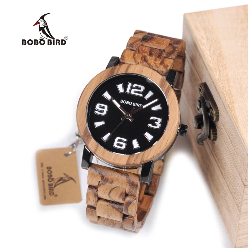 BOBO BIRD WO21O22 Fashion Wooden Metal Watches for Men with Big Number Wood Band Quartz Watch in Wooden Box