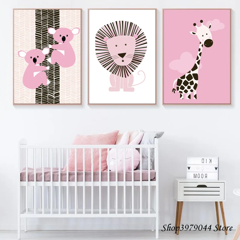 

Nordic Poster Cartoon Animal Pink Zebra Wall Art Canvas Painting Giraffe Posters And Prints Baby Room Wall Decoration Unframed