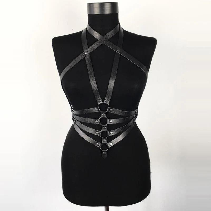 Пастельный, Готический фетиш черный кожаный ремень для тела женский ремень панк Рейв нагрудные ремни-подтяжки подвязки для женщин сексуальное платье - Цвет: Черный