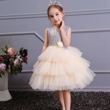 

Girls Sequins Party Dress with Bowknot Teens Formal Evening Tutu Dress Elegant 10-12yrs Champagne Dress for Kids