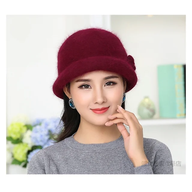 New Winter Hat Sets For Women Warm Knitted Floral Skullies Solid Color Wool Mixed Rabbit Fur Beanies 2