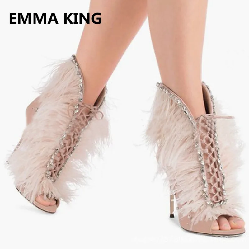 

New Crystal Women Gladiator Sandals Peep Toe Hollow High Heels Ladies Party Fur Shoes Woman Summer Cross-Tied Ankle Boot Sandals