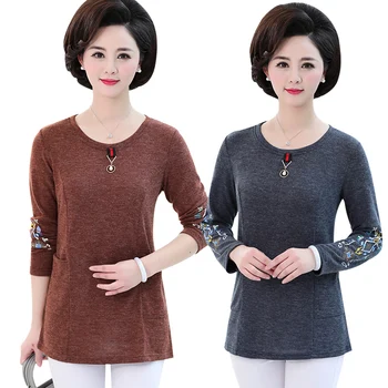 

Printed Bottoming Shirt Women T Shirt 2020 Spring Fall New Fashion Casual Slim Middle Age Mother Tops O-neck Pullover Clothing