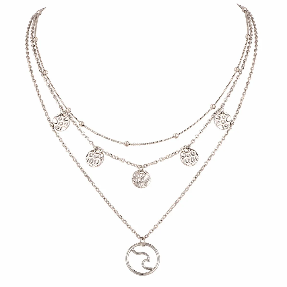 

Multilayered Hot Sale Ethnic Collares Retro Silver Color Hollow Round Pendant Choker Statement Necklace for Women Jewelry Bijoux