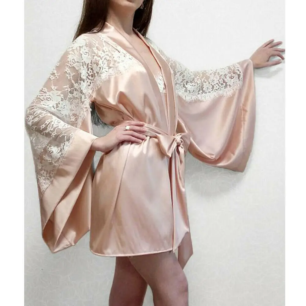 

Women Silk Satin Gown Wedding Bride Bridesmaid Kimono Robe Sleepwear Nightgowns Pink