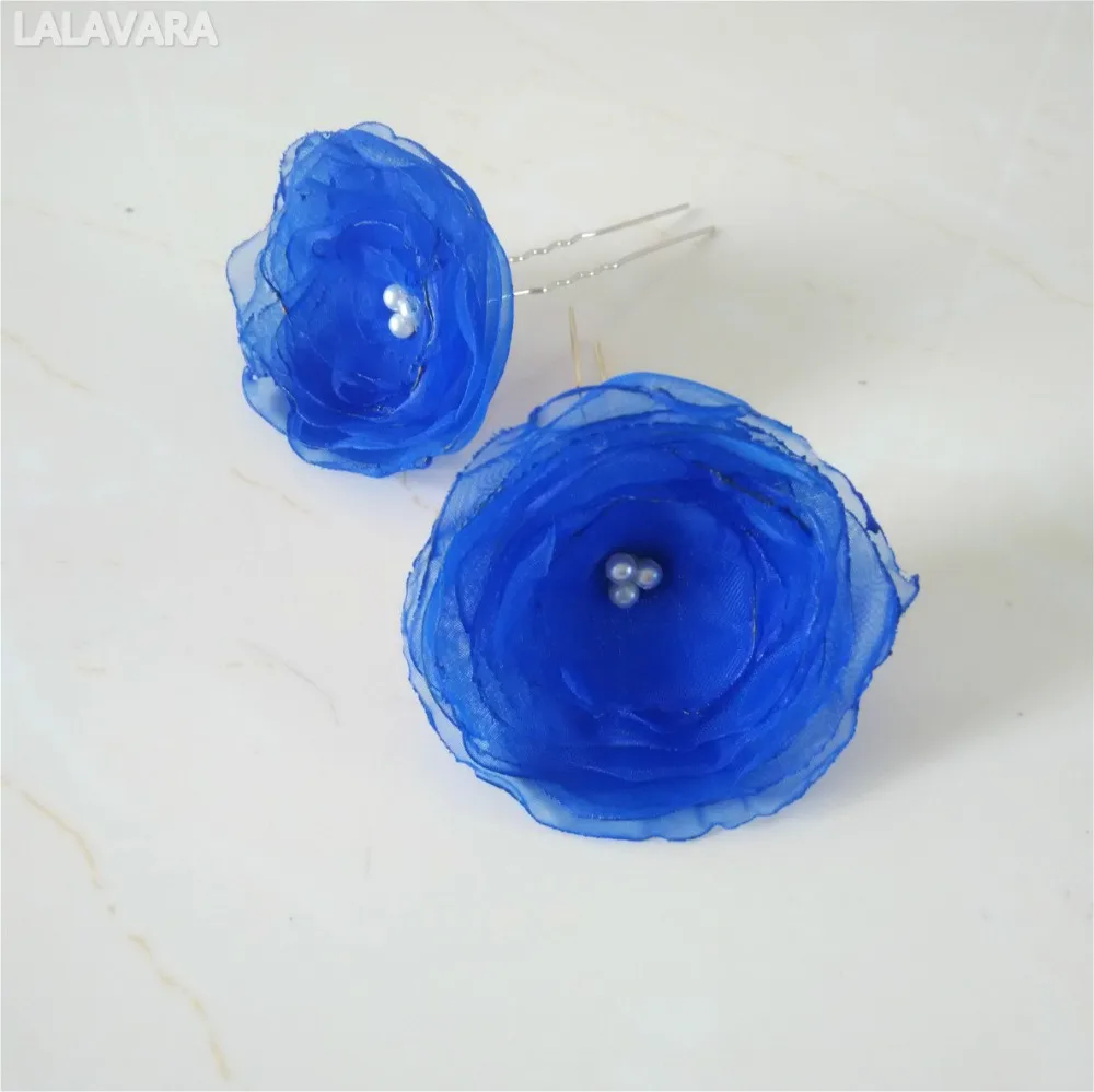 LALAVARA индивидуальный заказ свадебные канзаши синие цветы шпильки для волос аксессуары для волос невесты