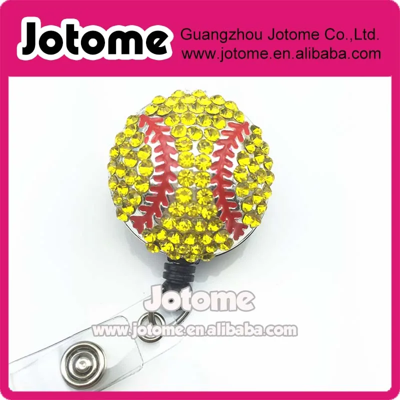 

Rhinestone Softball Ball Retractable ID Name Badge Holder