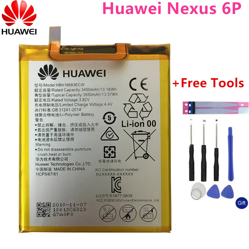 

2018 New 100% Original battery HB416683ECW Rechargeable Li-ion phone battery For Huawei Nexus 6P H1511 H1512 3450mAh+Free Tools