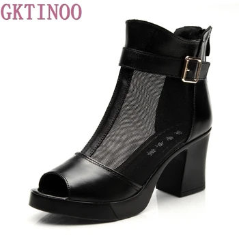 

GKTINOO Thick High Heels Genuine Leather Lace Summer Women's Shoes Fashion Sandals Ankle Boots Plus Size 35-40