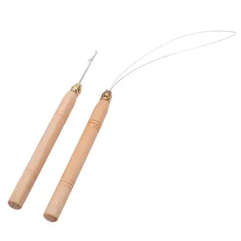 

New 2Pcs Hair Extension Hook Pulling Tool Needle Threader Micro Rings Link Beads Loop Wooden Handle With Iron Wire Wholesale J11