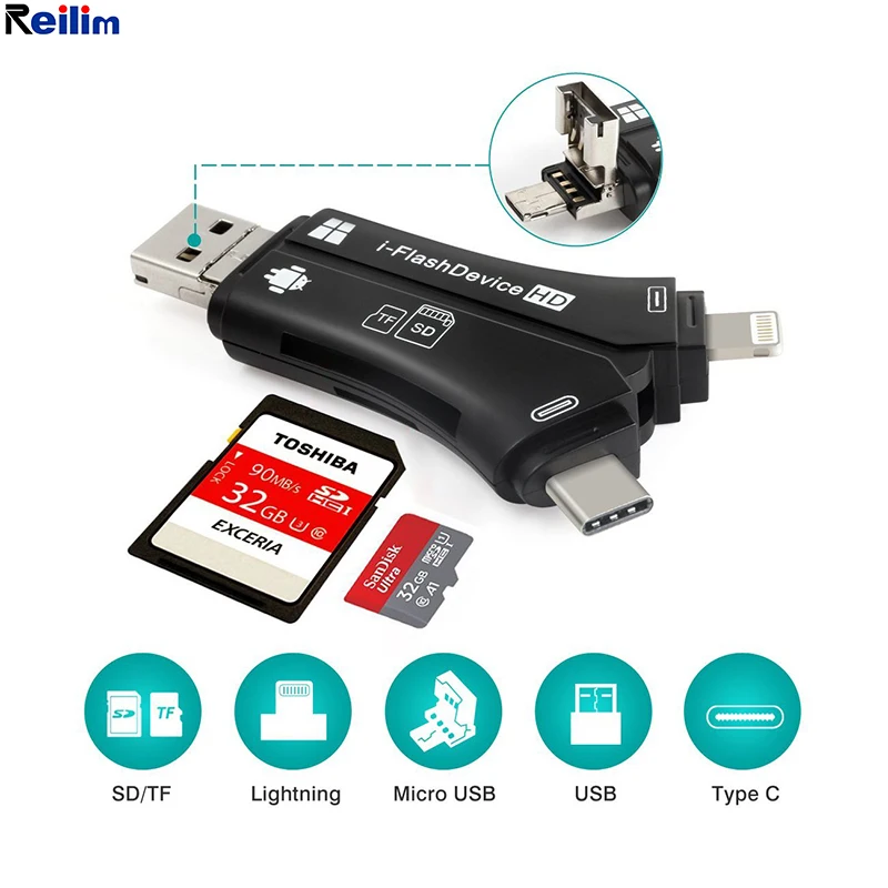 Reilim USB адаптер 4 в 1 флэш Micro Card Reader адаптер type-c USB Адаптер Для IOS8.0 Android