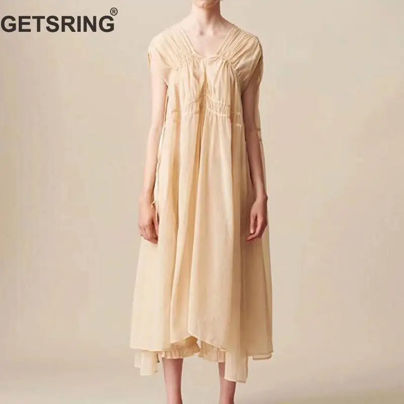 

GETSRING Women Dress Irregular Drawstring V-Neck Sleeveless Vintage Dress Asymmetry Black Pink Long Summer Dresses 2019 New Sexy
