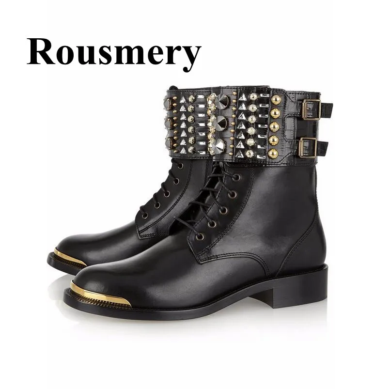 

Hottest Black Flats Ankle Boots Fashion Round Toe Cross-tied Ankle Buckle Rivet personality Women Boots High Quality Normal Size