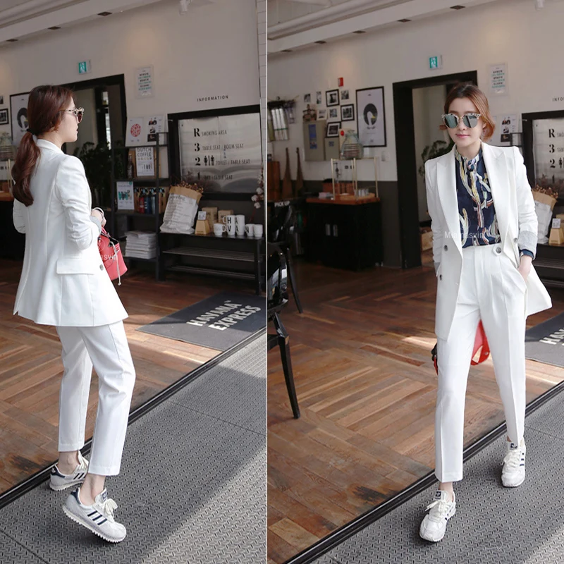 white Work Pants Suits 2 Piece Sets Office Lady Suits Women Outfits Spring 