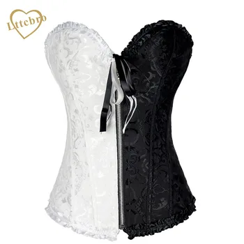

White and Black Front Zipper Corset Pleated Trim