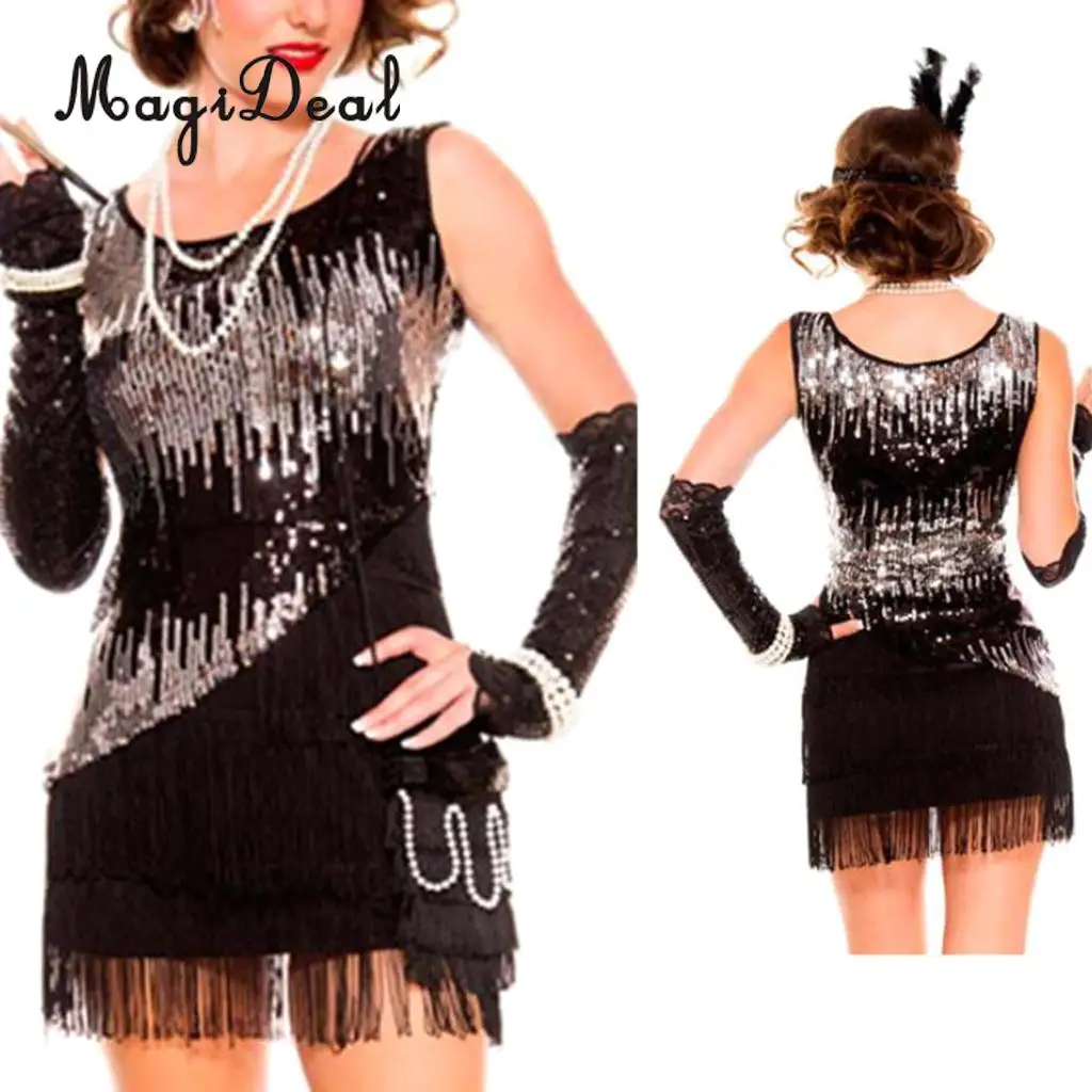 

MagiDeal Vintage 1920s Flapper Gatsby Charleston Party Sequins Fringed Dress Feather Headband Set Costume Fancy Dress Black